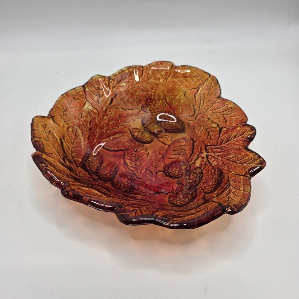 Vintage Amber‎ Pressed Glass Blackberry Leaf Dish Fall Harvest Cottagecore Decor